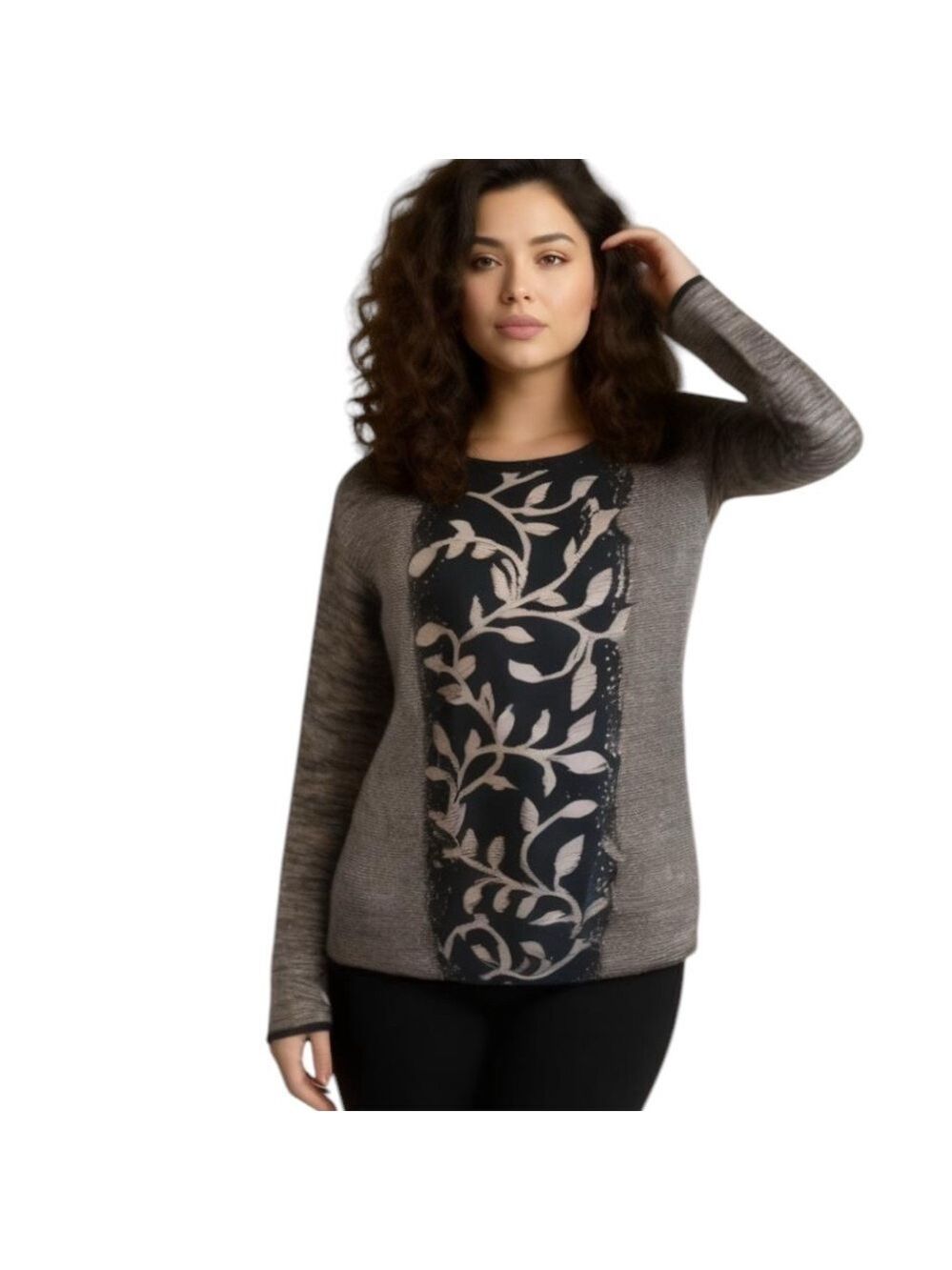 Abito Black with Multi Color Knit Tunic Sweater with Floral Center Desig…
